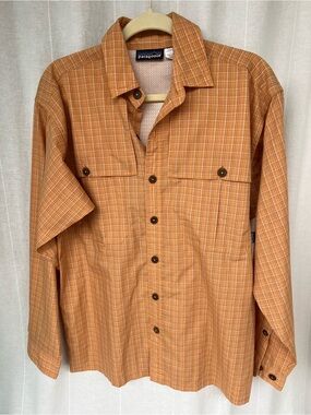 Patagonia Vintage Tropical Flats Vented Shirt Mens Orange Plaid Long Sleeve